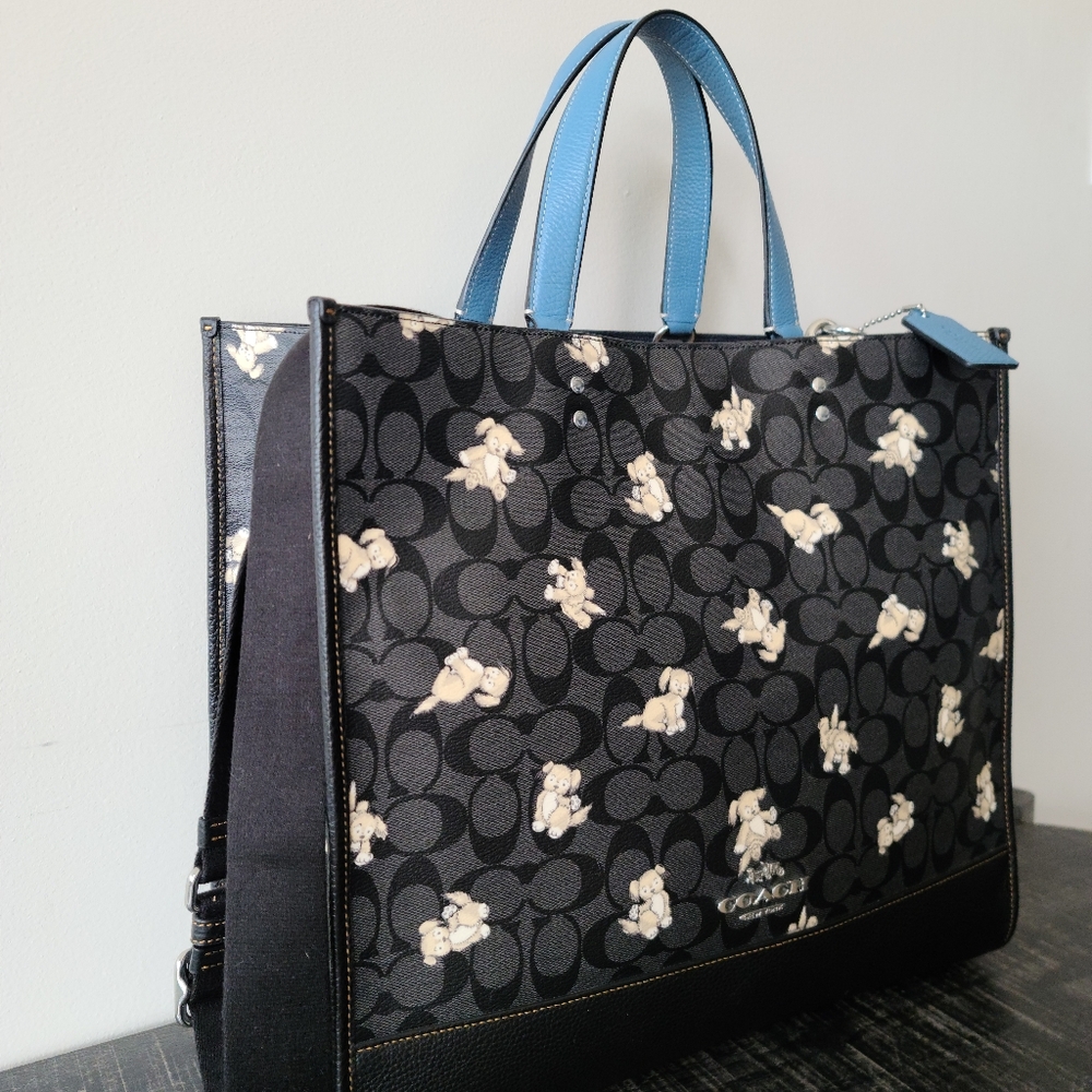 Coach Black Signature Tote with Cream Floral Print and Light Blue Handles